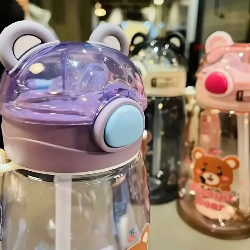 Cute Biscuit Bear Kids Water Bottle 650ml with Strap – Leakproof Flip Lid